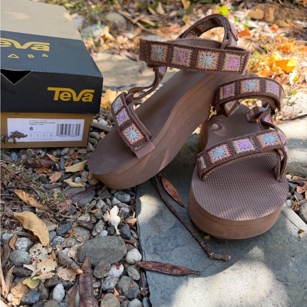 Teva Women's Brown Platform Sandals with Pink & Cream Embroidered Straps